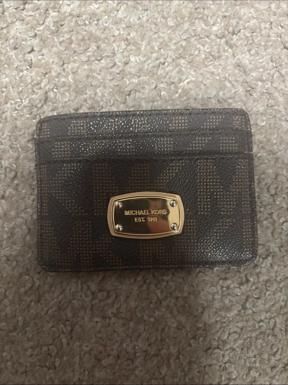 Michael Kors Brown Logo Monogram Card Holder with Gold Plaque